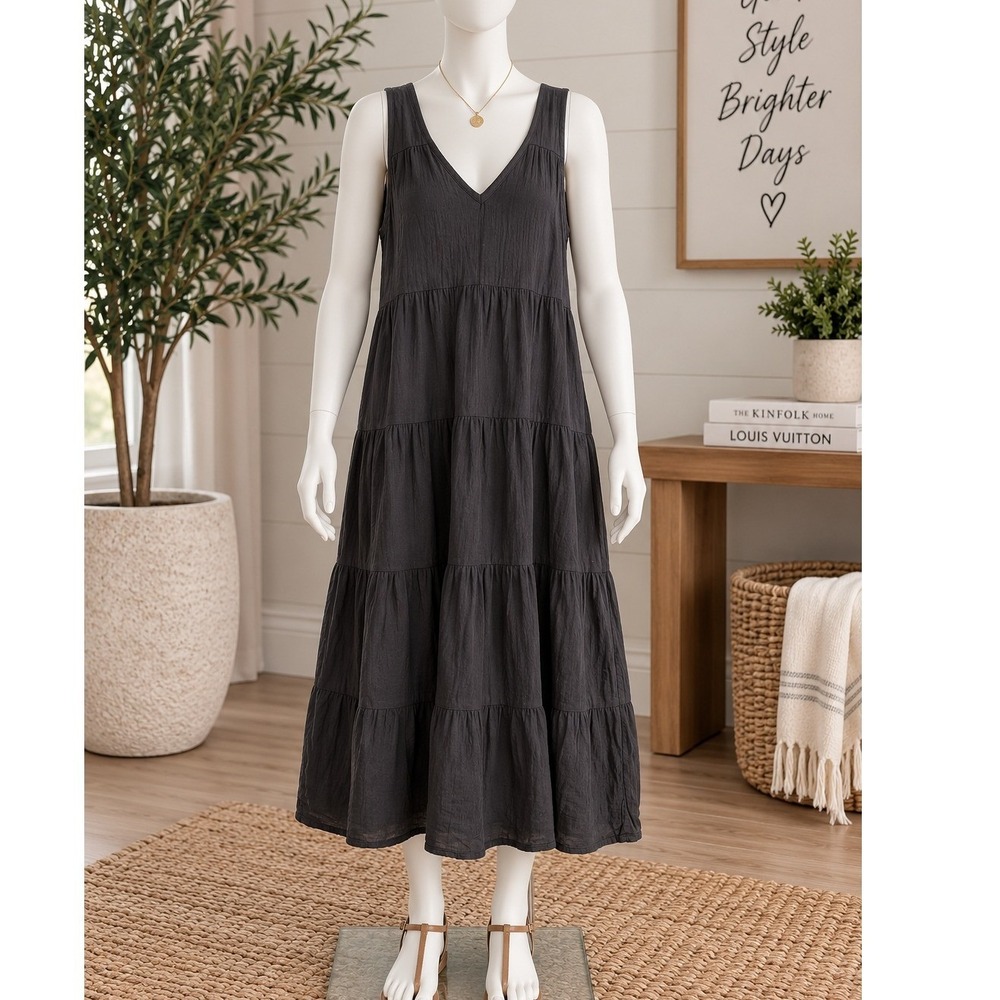Quince Womens Dress Sleeveless V-Neck Tiered Gauze Charcoal Gray Small